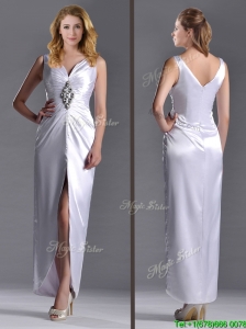 Exquisite Column V Neck Mother of the Bride Dress with Beading and High Slit
