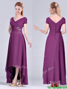 Short High-low Chiffon Dark Purple Short Sleeves Mother of the Bride Dress with V Neck