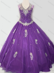 Cheap Ball Gown V Neck Organza Beaded and Applique Mini Quinceanera Dress in Purple