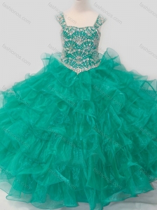Top Selling Princess Straps Organza Turquoise Lace Up Mini Quinceanera Dress with Beading