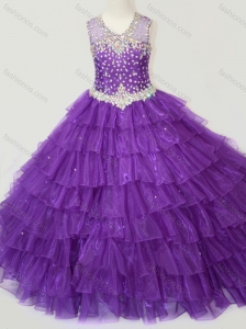 Classical Beaded and Ruffled Layers Little Girl Pageant Dress in Purple