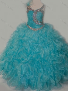 Elegant Ball Gown V Neck Organza Beading Aqua Blue Lace Up Little Girl Pageant Dress