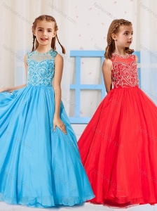 Most Popular Pincess Scoop Beaded Aqua Blue and Red Little Girl Pageant Dress
