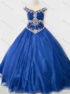 Popular Beaded Bodice Royal Blue Little Girl Pageant Dress in Organza