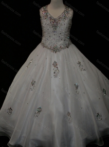 Pretty Ball Gown Beaded and Applique White Little Girl Pageant Dress in Organza