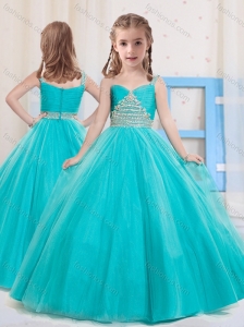 Princess Straps Floor Length Tulle Aqua Blue Little Girl Pageant Dress with Beading