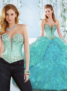 Beaded and Ruffled Organza Detachable 15 Quinceanera Dresses with Deep V Neckline