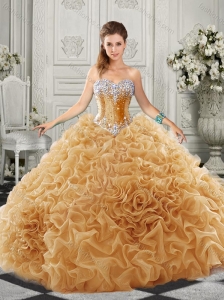 Discount Organza Champagne Quinceanera Dress with Beading and Ruffles