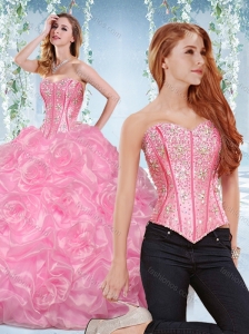 Discount Organza Rose Pink Detachable 15 Quinceanera Dresses with Beading and Bubbles