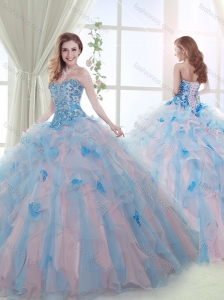 Luxurious Organza Beaded and Ruffled Quinceanera Gown in Baby Pink and Blue