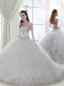 Beautiful Beaded and Ruffled Organza White Quinceanera Dress with Brush Train