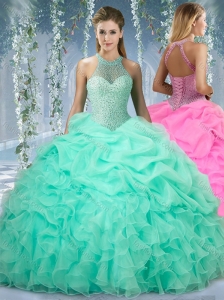 Beautiful Halter Top Beaded and Ruffled Sweet 16 Quinceanera Dress in Mint