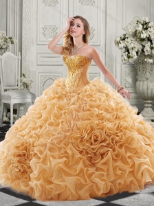 Best Really Puffy Chapel Train Perfect Quinceanera Dress with Ruffles and Colorful Beading