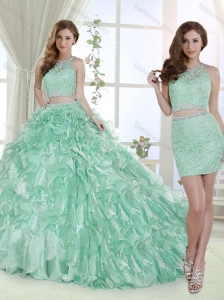 Cheap Beaded and Laced Bodice Apple Green Detachable Quinceanera Skirts in Organza
