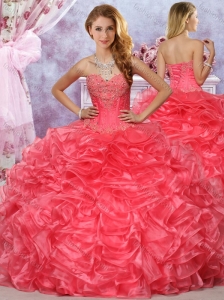 Cheap Beaded and Ruffled Coral Red SQuinceanera Dresses in Organza