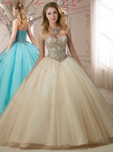 Classical Beaded Bodice Tulle Champagne Quinceanera Dress with Brush Train