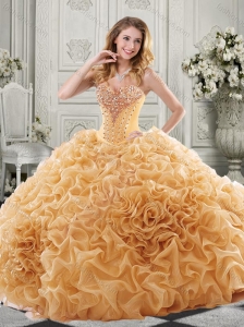 Discount Beaded Bodice and Ruffled Quinceanera Dress with Chapel Train