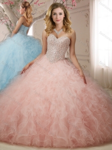 Discount Puffy Beaded and Ruffled Quinceanera Dress in Baby Pink