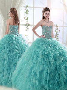 Discount Puffy Skirt Tulle Mint Quinceanera Dress with Beading and Ruffles