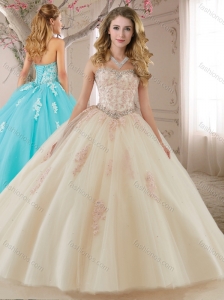 Discount Tulle Champagne Quinceanera Gown with Appliques and Beading