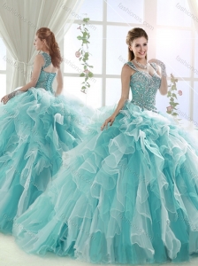 Exclusive Beaded and Ruffled Straps Quinceanera Dress in White and Aqua Blue