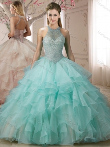 Hot Sale Halter Top Apple Green 15 Quinceanera Dress with Pearls and Ruffless