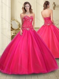 Hot Sale Sweetheart Coral Red Tulle 15 Quinceanera Dress with Beading