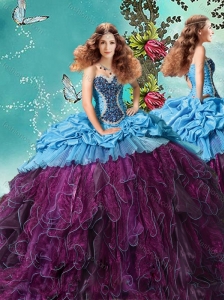 Latest Beaded and Ruffled Purple and Blue Quinceanera Dress in Taffeta and Organza