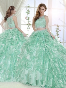 Most Popular Beaded and Laced Bodice Ruffled Detachable Quinceanera Skirts in Apple Green