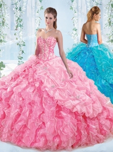 Perfect Visible Boning Ruffled Detachable Quinceanera Dresses in Rose Pink
