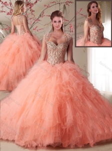 Popular Organza Peach 15 Quinceanera Dress with Beading and Ruffles