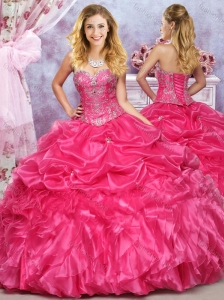 Pretty Puffy Skirt Hot Pink Dress for Quinceanera with Beading and Ruffles