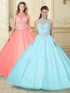 Pretty See Through High Neck Zipper Up Quinceanera Gown in Aque Blue