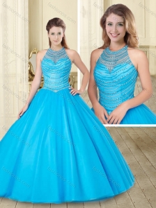 See Through and Beaded Baby Blue 15 Quinceanera Dress with Halter Top