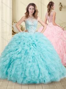 Simple See Through Beaded and Ruffled Quinceanera Dresses in Aqua Blue