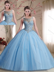 Classical See Through Scoop Beaded Bodice Sweet 16 Quinceanera Dress in Light Blue