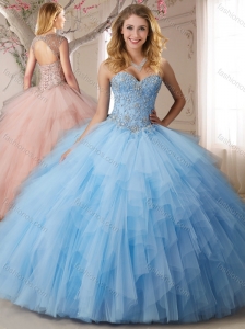 Elegant Applique and Ruffled Tulle Perfect Quinceanera Dress in Light Blue