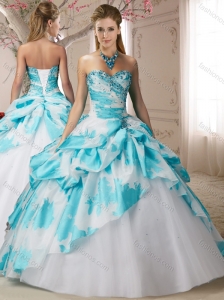 Fashionable Beaded White and Blue Perfect Quinceanera Dresses in Printed and Tulle