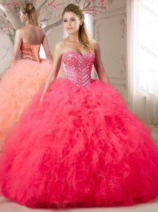 Gorgeous Beaded and Ruffled Sweetheart Coral Red Quinceanera Dress in Organza