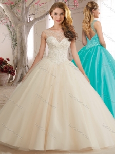 Latest See Through Backless Beaded Bodice Sweet Fifteen Quinceanera Dress in Champagne