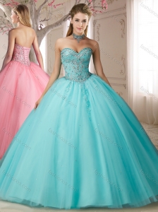 Lovely Big Puffy Beaded Bodice and Applique Sweet 16 Quinceanera Dress in Aqua Blue