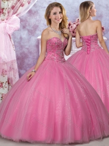 Most Popular Really Puffy Tulle Rose Pink Perfect Dress with Beading