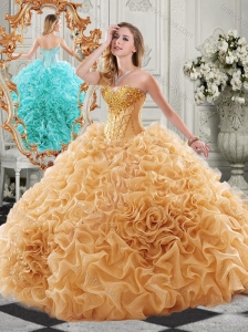 New Arrivals Organza Ruffled Champagne Sweet 16 Quinceanera Dress with Colorful Beading