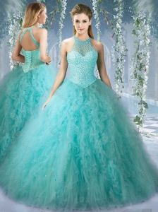 Perfect Quinceanera Dress With Beaded Decorated Bodice and High Neck
