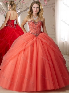 Visible Boning Spaghetti Straps Beaded Perfect Quinceanera Dresses in Orange Red