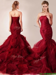 2016 Classical Mermaid Sweetheart Tulle Ruffles Wedding Dresses in Wine Red
