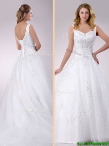 2016 Classical Straps Beaded Tulle Wedding Dress with Court Train