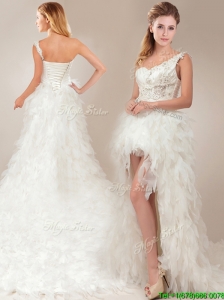 2016 Fashionable One Shoulder High Low Wedding Dresses with Ruffles and Appliques