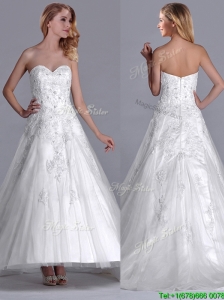 2016 Popular A Line Brush Train Tulle Zipper Up Wedding Dress with Beading and Lace
