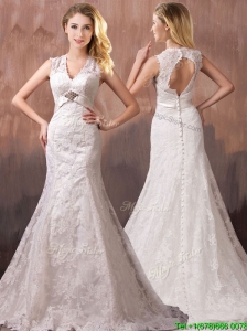 Classical Mermind V Neck Lace and Sashes Wedding Dresses with Shade Back